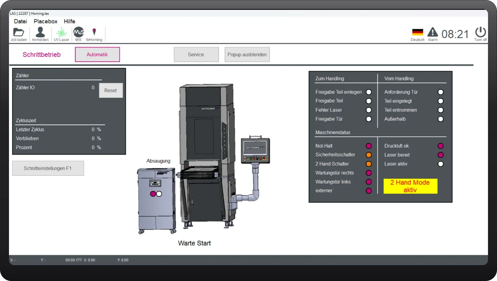 Laser Automation Studio on a monitor: machine visualization, cycle time and status displays